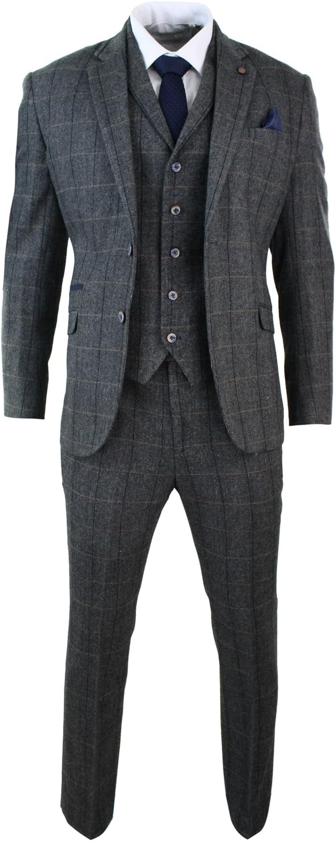 Mens 3 Piece Classic Tweed Herringbone Check Grey Navy Slim Fit Vintage Suit