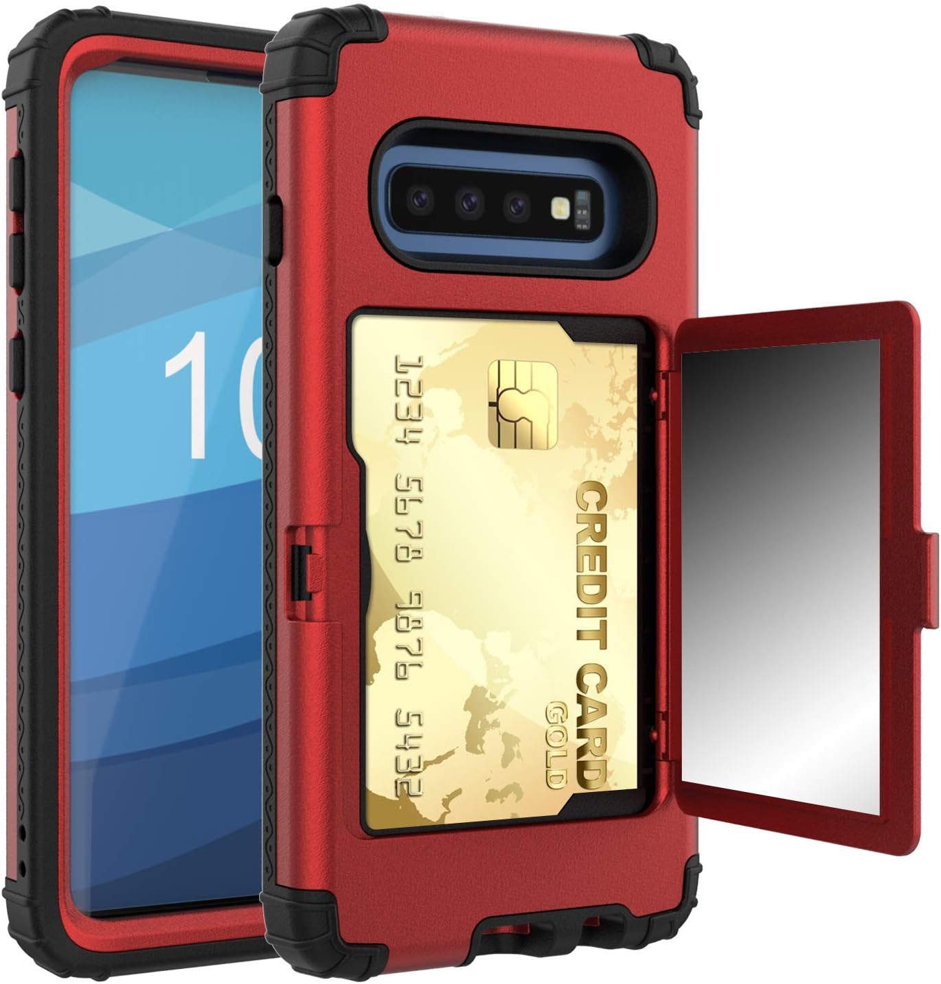 Galaxy S10 Plus Wallet Case, KMISS 3 in 1 Heavy Duty Protective Shockproof All-Round Armor with Hidden Back Mirror and Card Holder Wallet Case Cover for Samsung Galaxy S10 Plus (Red)