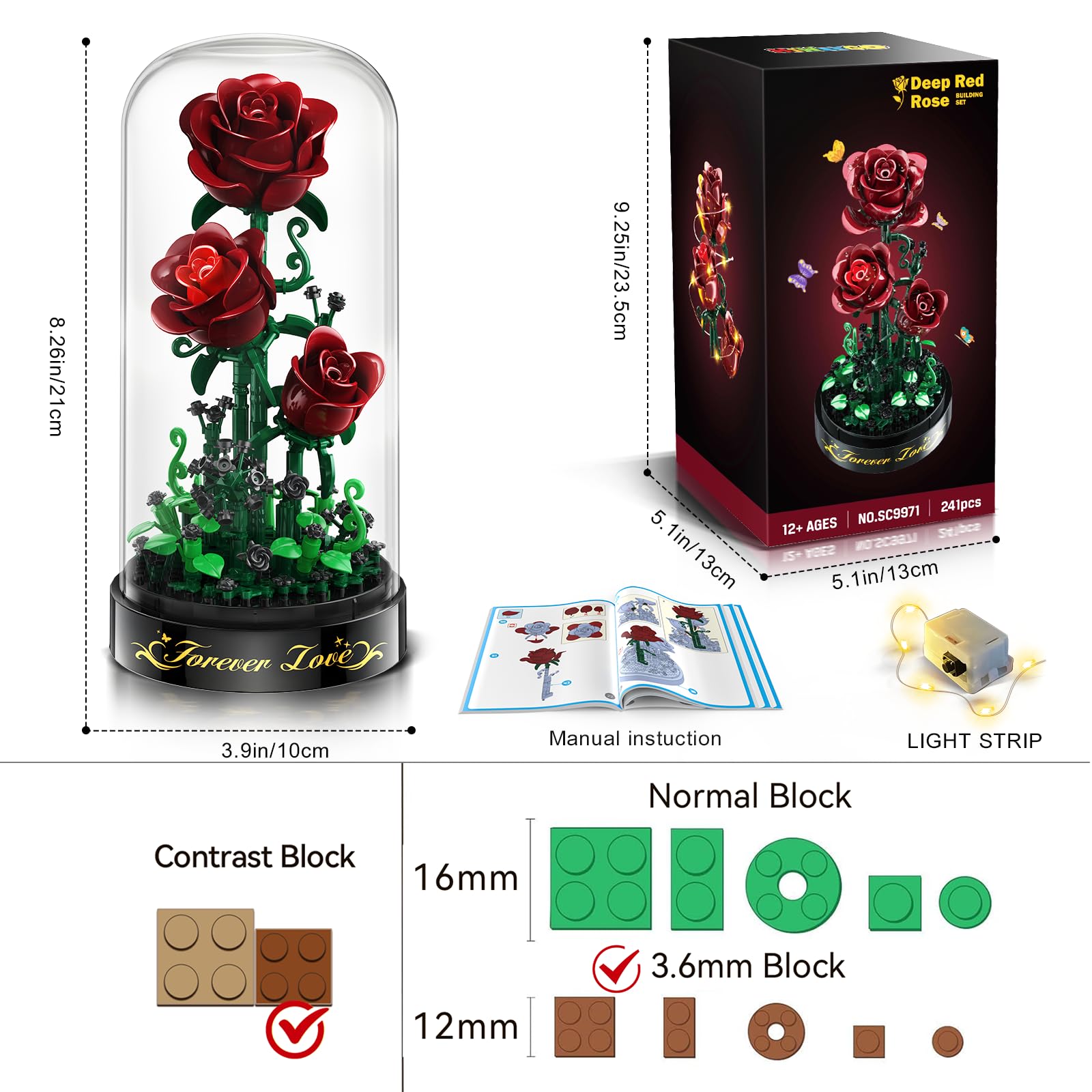 HiWEEGO Blumen Rosen Bausatz mit LED Licht, 241 Teile Burgunderrot Rosenstrauß, 3.6MM Blumenstrauß Baustein Spielzeug, Botanische Kollektion Valentinstagsgeschenk für Mädchen Erwachsene und Frauen 5