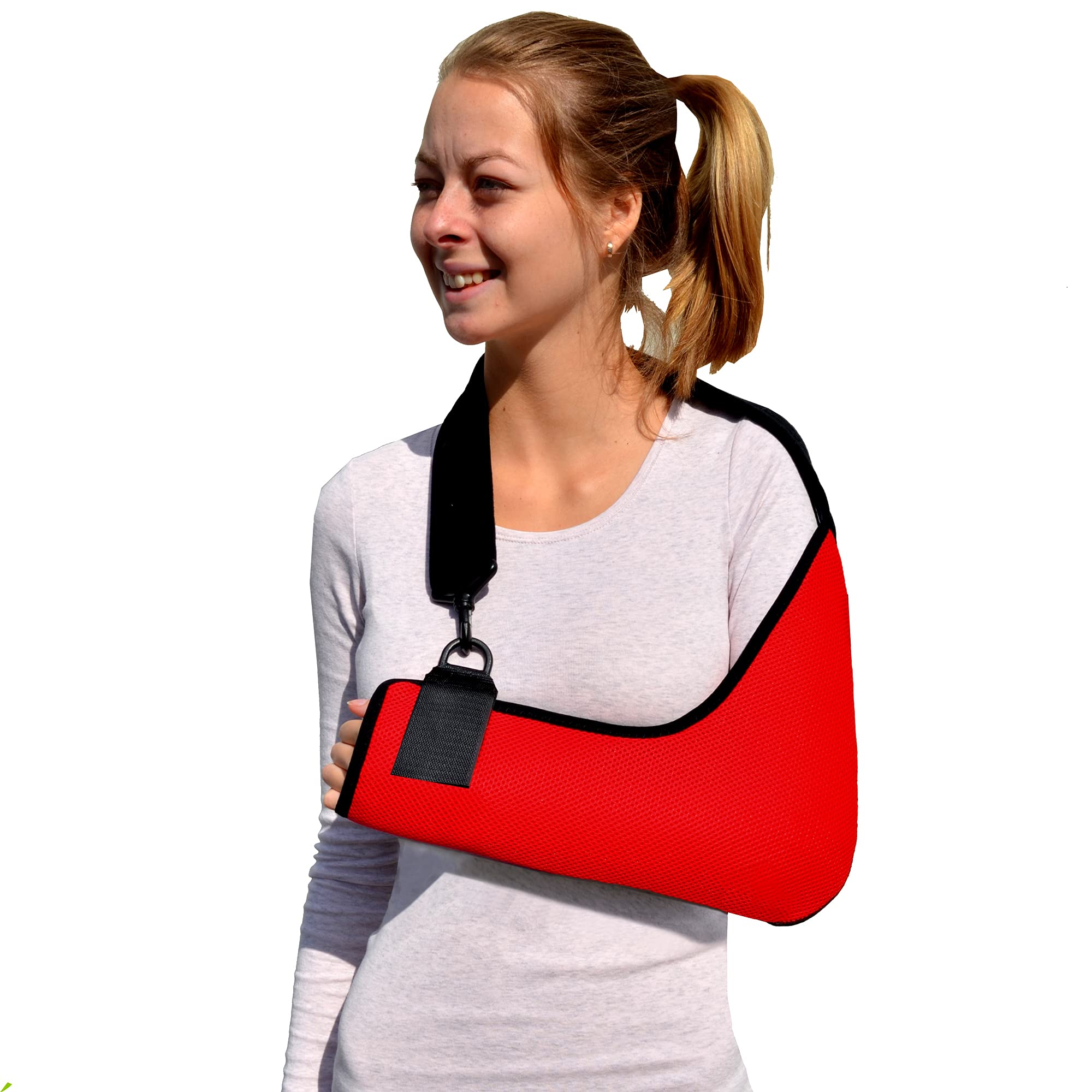Arm Sling Adult (L, red/black trim) Feel Safe, Easy to Fit, Cooling Fabric Technology, Fits R or L.