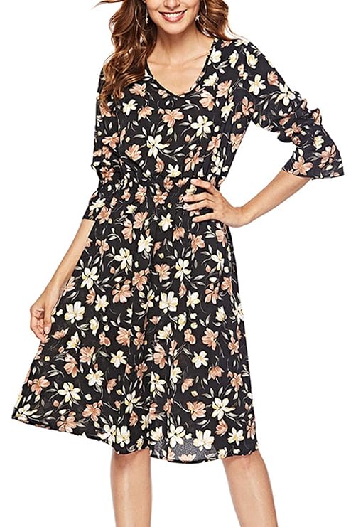 FUTURINO Damen Retro-Blumenmuster Kleid V-Ausschnitt Chiffon Kleid Langarm Blumen A Linie Blumen Elegant Vintage Cocktailklei