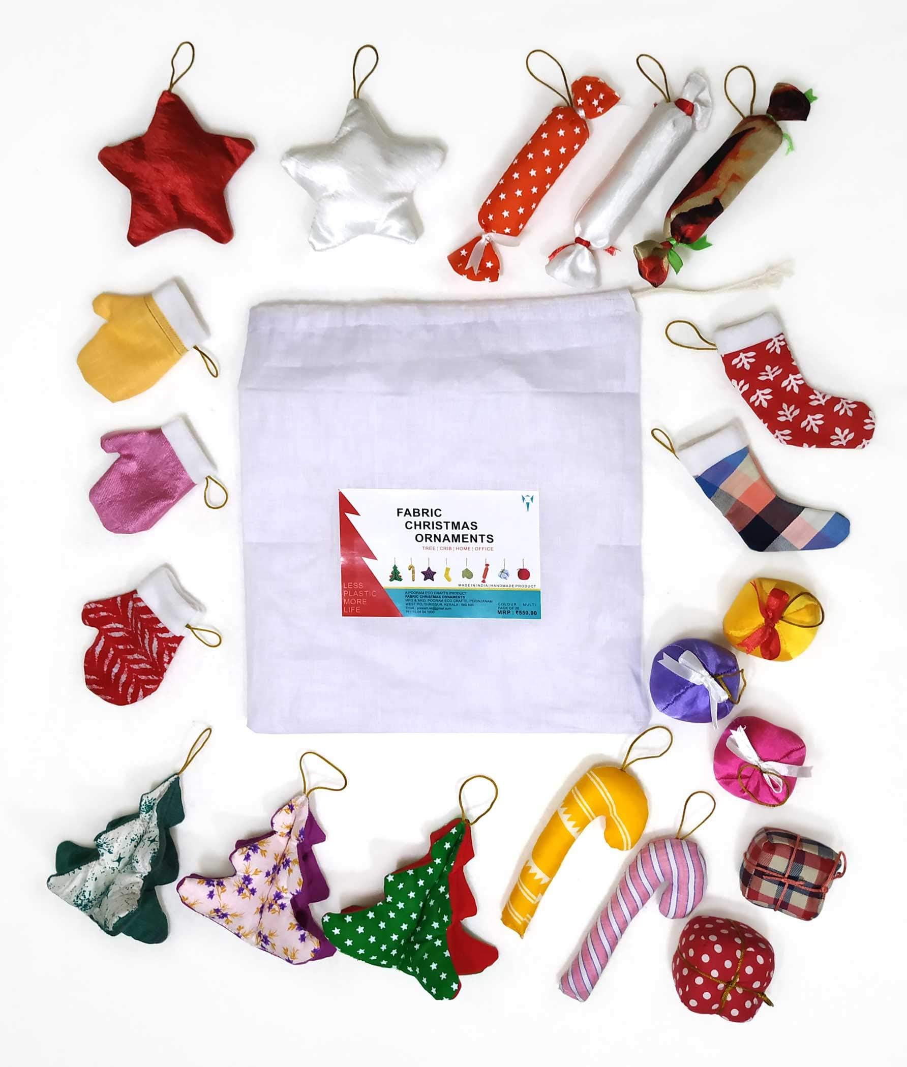 PEC Eco-Friendly Tree Ornaments 20 Pcs ¦ Fabric ¦ Handmade ¦ Merry Christmas | Xmas Decor (Multi, Pack of 20)
