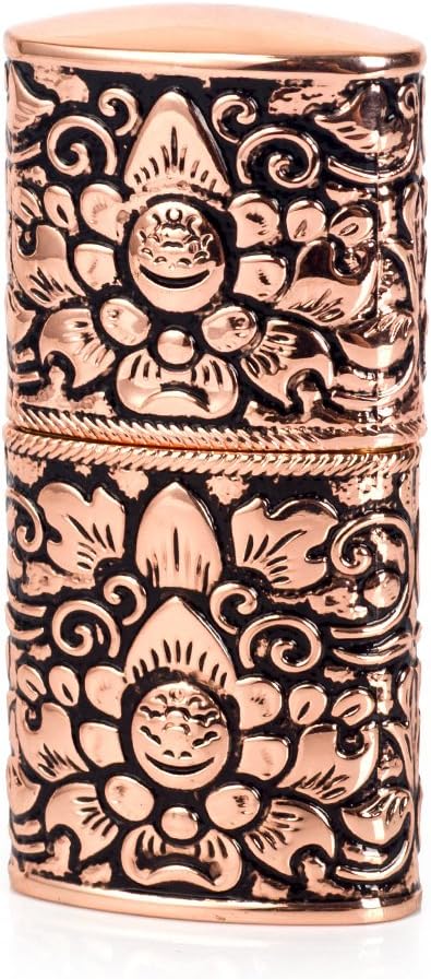 Pure Copper Engraving Flower Antique Style Flint Wheel Oil Petrol Lighter (Rose Gold & Black)