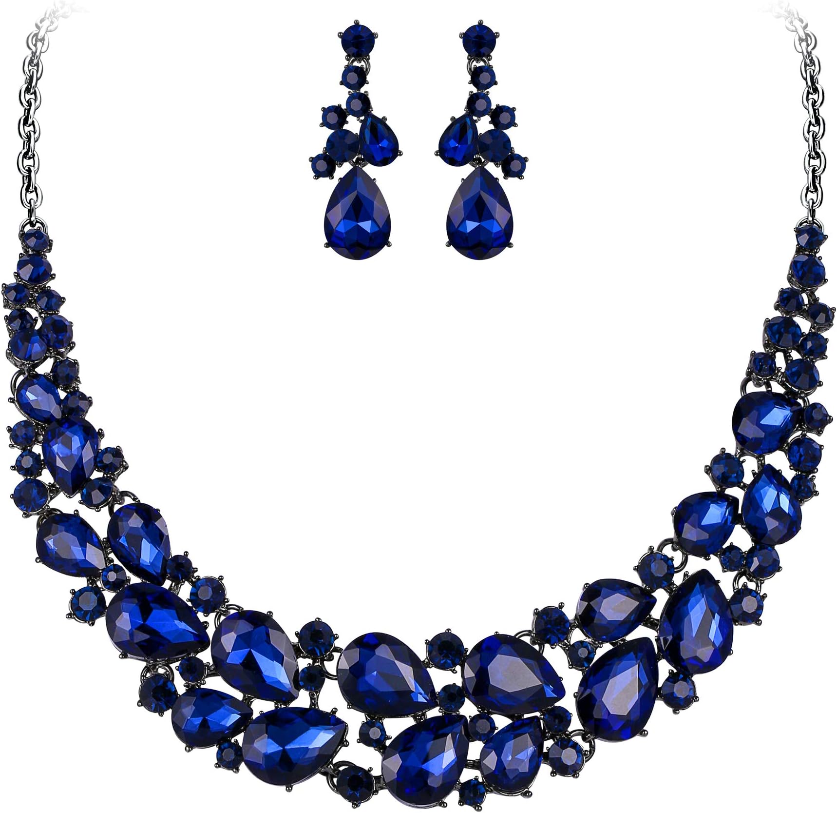 Wedding Bridal Necklace Earrings Jewelry Set for Women Austrian Crystal Multi Teardrop Cluster Statement Necklace Dangle Earrings Set Navy Blue Sapphire Color Black-Silver-Tone