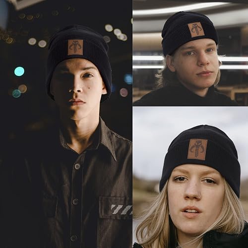 Warm Cuffed Beanie Hats for Men Women Skull Leather Patch 