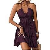 SOLY HUX Women's Summer Mini Dress Halter Backless Sleeveless A Line Ruffle Hem Flowy Cami Dresses Sundress