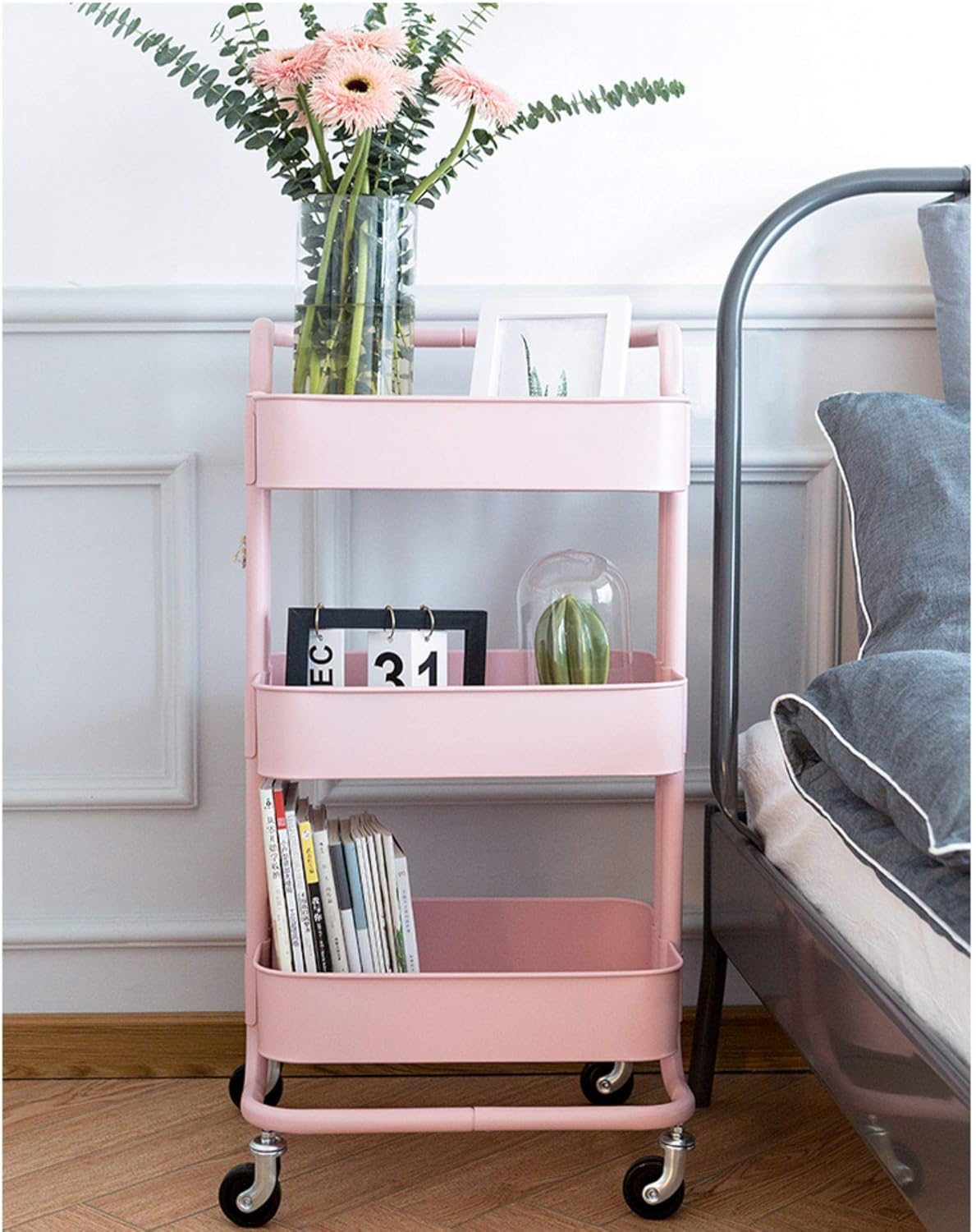 YOLEO Servierwagen Küchenwagen Rollwagen Küchenregal Regal Allzweckwagen Allzweckregal 3 x Korb Home Organizer 87 x 45 x 35 cm (Rosa)