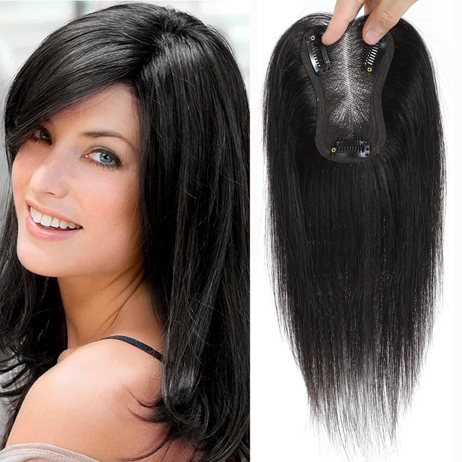 GULALUUK Hair Toppers for Thinning Hair Women Real Hair Topper Real Human Hair Toppers UK Hair Pieces for Women 120 Density Swiss Lace Bace (10inch, Natural Black） — image 1