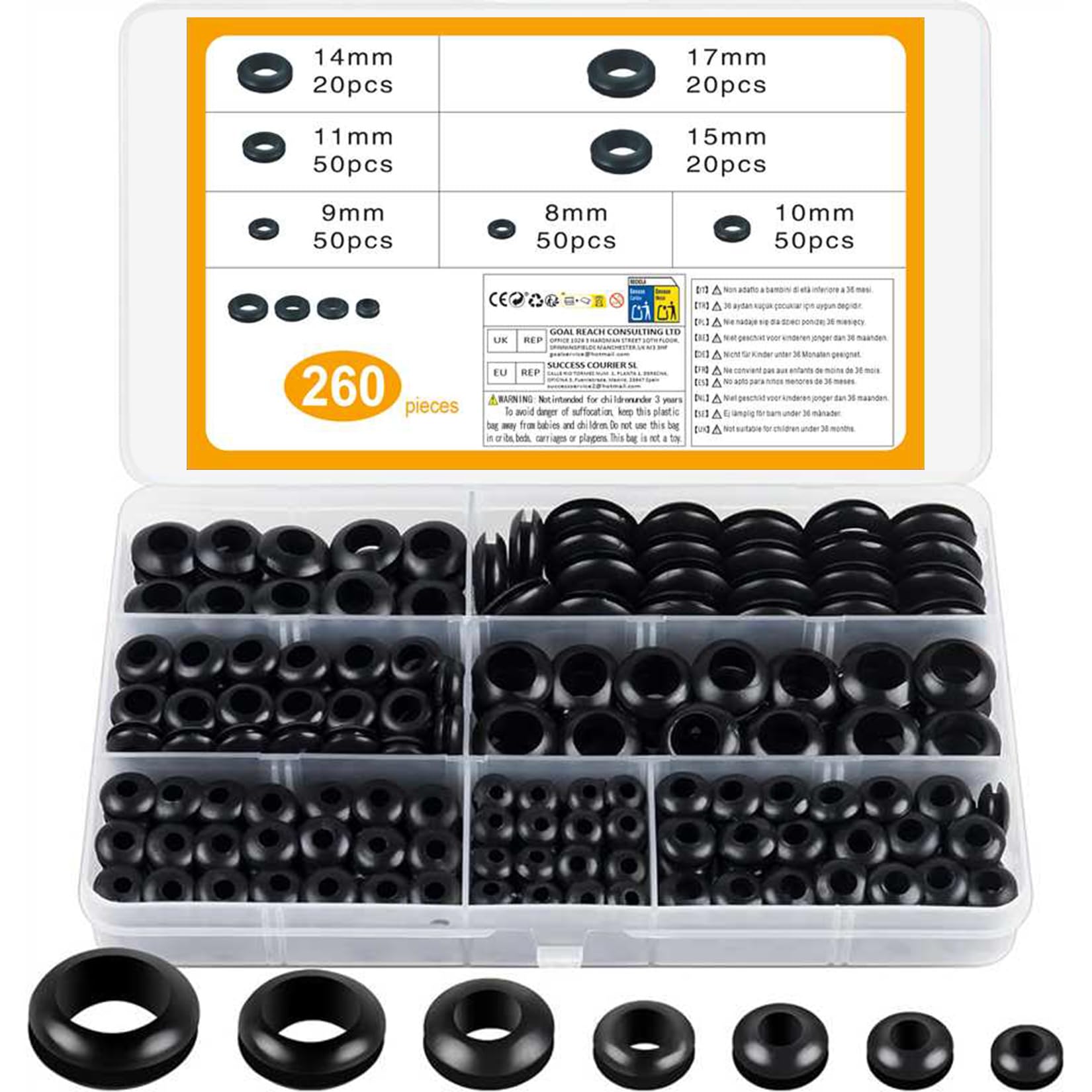 260 Pcs Rubber Grommets Kits, 7 Assorted Sizes Black Electrical Cable Holes Conductor Wiring Blanking Gasket Ring Grommets Assortment Kit for Protecting Wires, Plugs, Cables Holes (black) — image 1