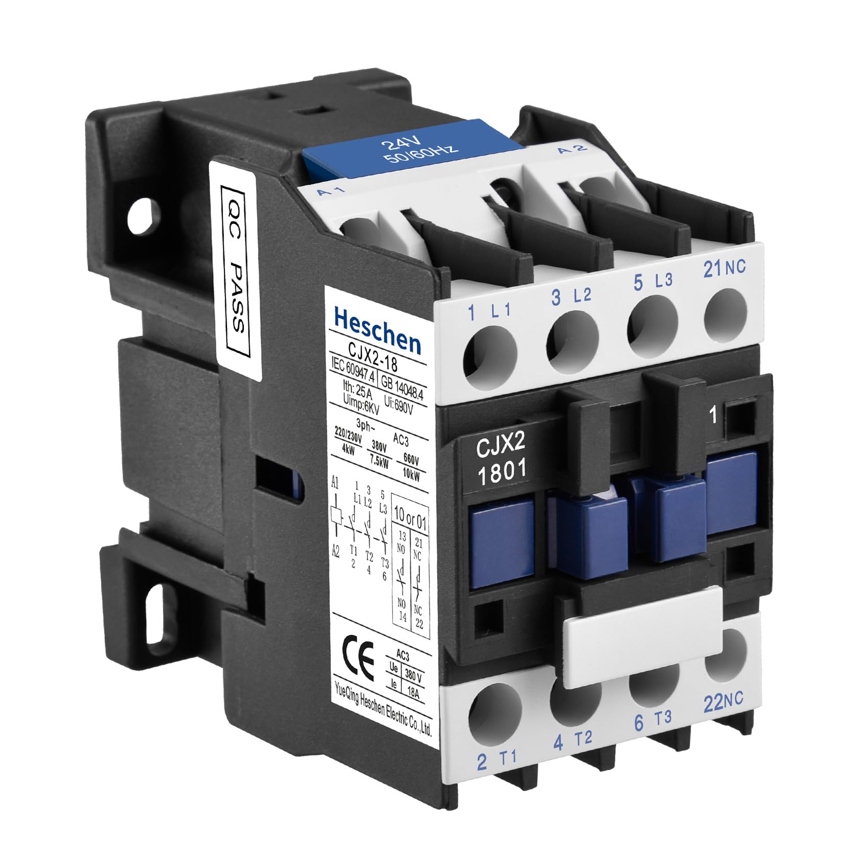 Heschen AC Contactor, CJX2-1801, 24V 50/60Hz Coil, 3P, 3 Pole, Normally Closed, Ie 18A, Ue 380V