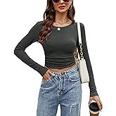 SimpleFun Women's Long Sleeve Crop Top Ribbed Knit Slim Fitted Shirts Crewneck Casual Y2K Basic Tees