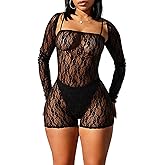 magorange Women Floral Lace See Through 2 Piece Outfits Long Sleeve Cropped Cardigan and Shorts Jumpsuits Club Outfits