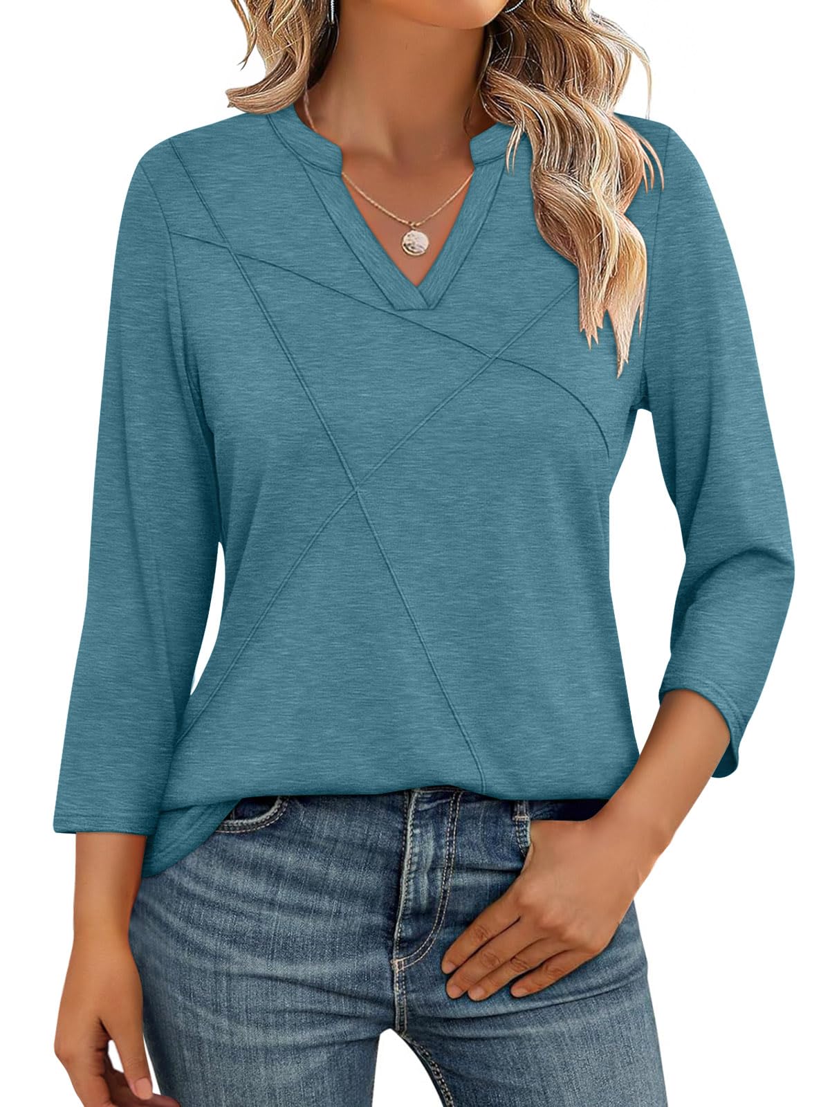 TICTICMISS Womens Tops 3/4 Sleeve T Shirts V Neck Summer Tops Dressy ...