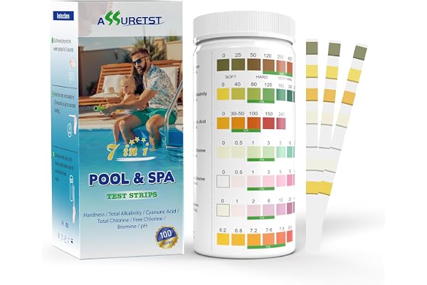7-Way Pool Test Strips, 100 Strips Water Chemical Testing for Hot tub and Spa, Accurate Test Bromine, Total Alkalinity, pH, F