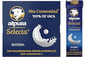Alpura Selecta Leche Entera 100% de Vaca, Ultrapasteurizada en Paquete de 12 piezas de 1 Litro cada una, Fuente de proteína y Calcio, adicionada con vitaminas A y D. Cremosidad y Sabor superior