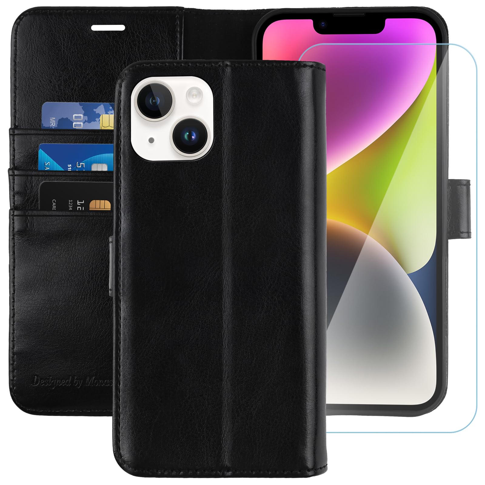 MONASAY Wallet Case for iPhone 14 5G,[Glass Screen Protector Included] [RFID Blocking] Flip Folio Leather Cell Phone Cover with Credit Card Holder，6.1-inch,Black