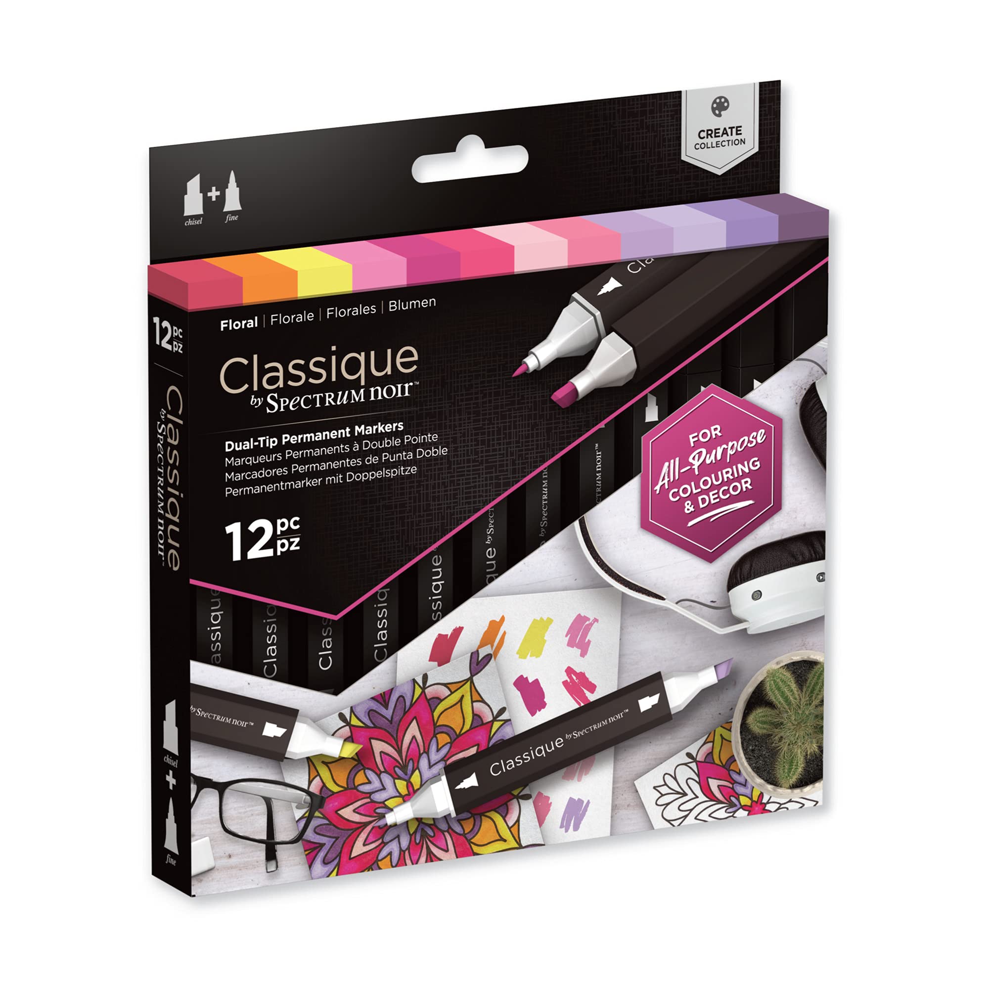 Crafter's Companion Spectrum Noir Classique Create Alcohol Marker Dual Nib Pens Set-Floral-Pack of 12, One Size