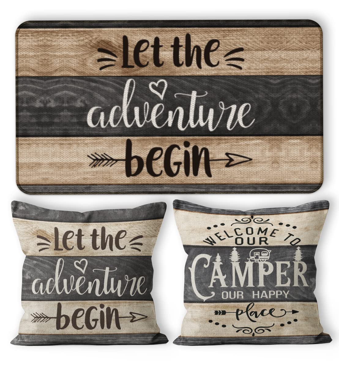 M-Qizi Camper Decor Doormat Pillow Cover Set - 1 * 30''x17'' Camper Rugs for Inside, 2 * 18x18 Camper Pillows Cover, RV Decorations for Inside Camper - Let The Adventure Begin
