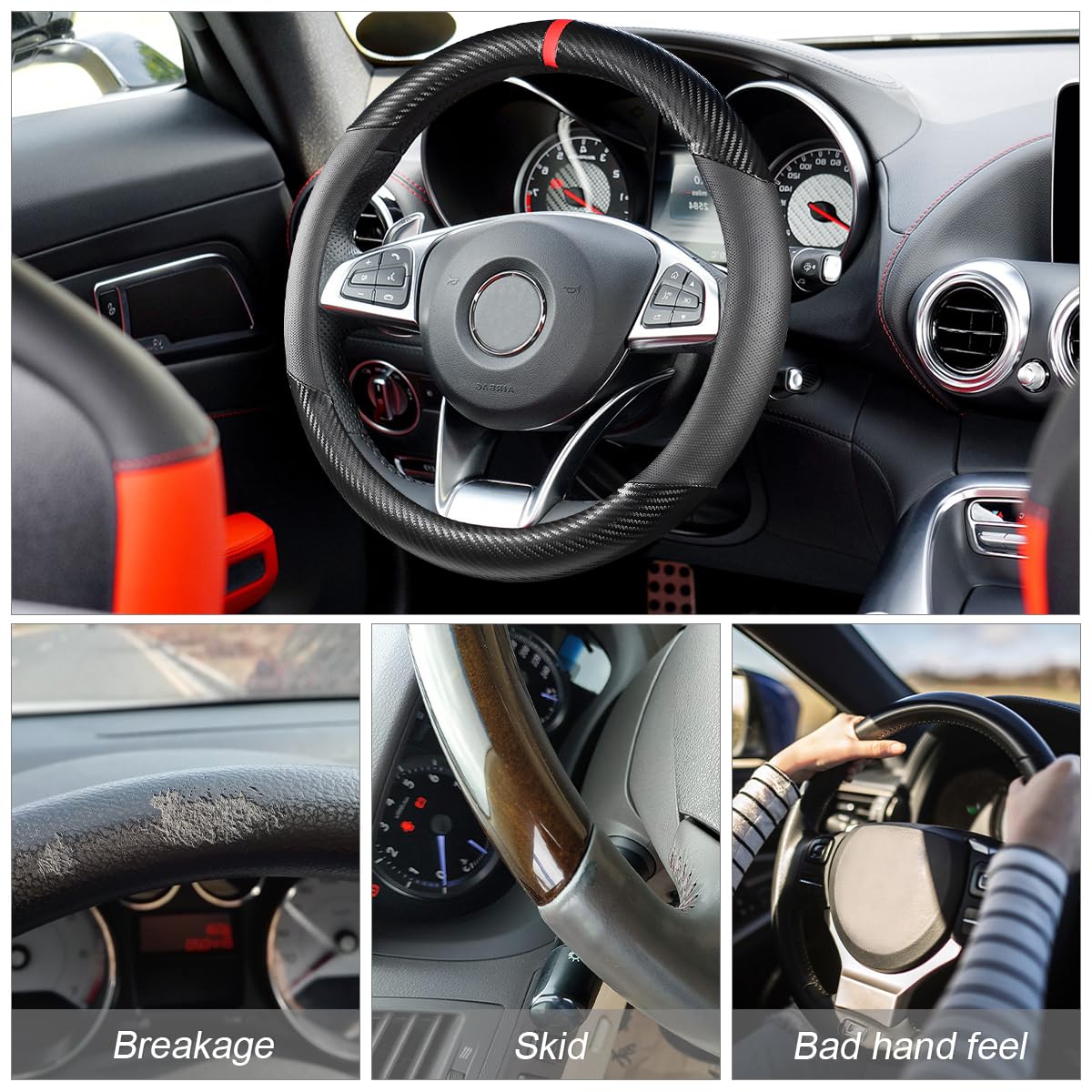 Car Steering Wheel Cover, 15 inch Anti-Slip Steering Wheel Protector, Carbon Fiber & Microfiber PU Leather Steering Wheel Cover for Women and Men, Universal Fit for Most Vehicles (Black)