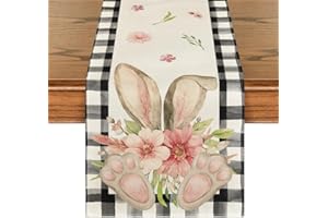 Artoid Mode Buffalo Plaid Bunny Ear Foot Flower Easter Table Runner, Seasonal Spring Kitchen Dining Table Decoration for Home