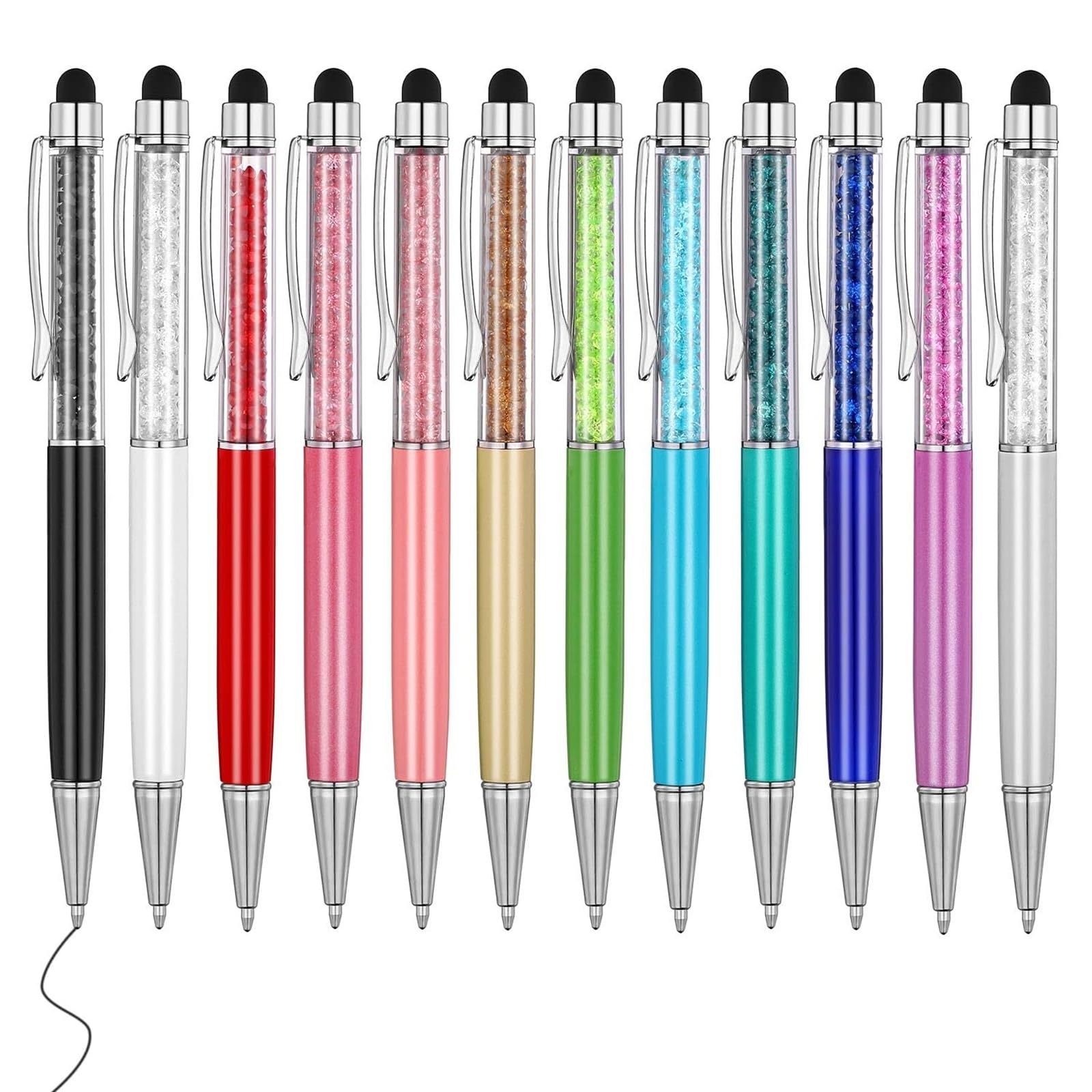 MengRan Cute Pens Bling Bling 2-in-1 Slim Crystal Diamond Stylus Pens and Black Ink Ballpoint Pens (12 colors)