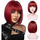 Aida ble Short Red Bob Wigs With Bangs - Straight red Bob Wig for Women Red 12inch Synthetic wig Heat Resistant Fiber Hair Natural and Stylish Look Suitable for Cosplay Parties