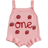 xkwyshop Baby Girl Birthday Outfit Knit Bubble Romper One Year Old Strawberry Embroidery Ruffle Sleeveless Bodysuit Clothes