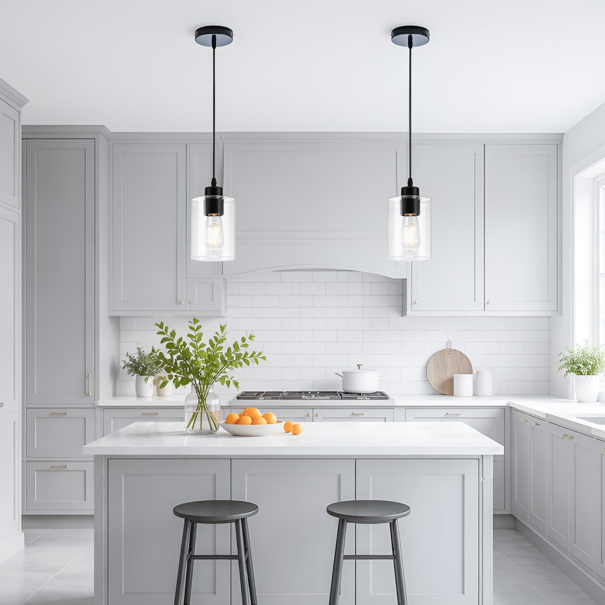 Condition photo showing New/Like New for mayna 2 pack black pendant lights kitchen island, mini pendant light fixture with clear glass shade,