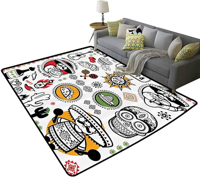 Mexican Decorations Non-Slip Rug Latino Culture Dead Sugar Skull Head Poncho Cuisine Salsa Fiesta Artwork Gifts for Men Multi, 5'x 8'(150x240cm)