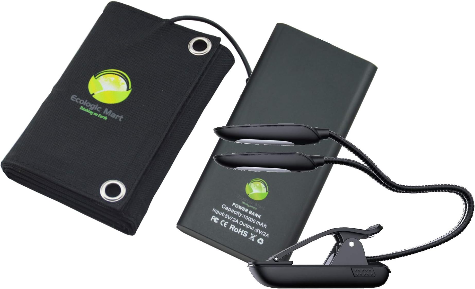 Never-Failing Book Light with Battery Backup and Solar Charger for Travelers and Preppers — The Ecologic Mart Lamp Plus 10000 mAh Power Bank and 9W Foldable Power Bank — Lamp and Cell Phone Anywhere