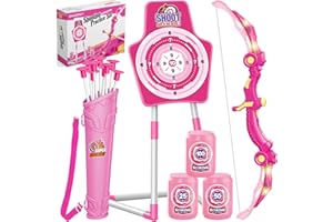 GMAOPHY Bow and Arrow Toys for Girls 5 6 7 8 Years Old, Archery Set Includes Super Bow with LED Lights, 10 Suction Cups Arrows,Archery Set with Standing Target and 3 Target Cans, for Girls