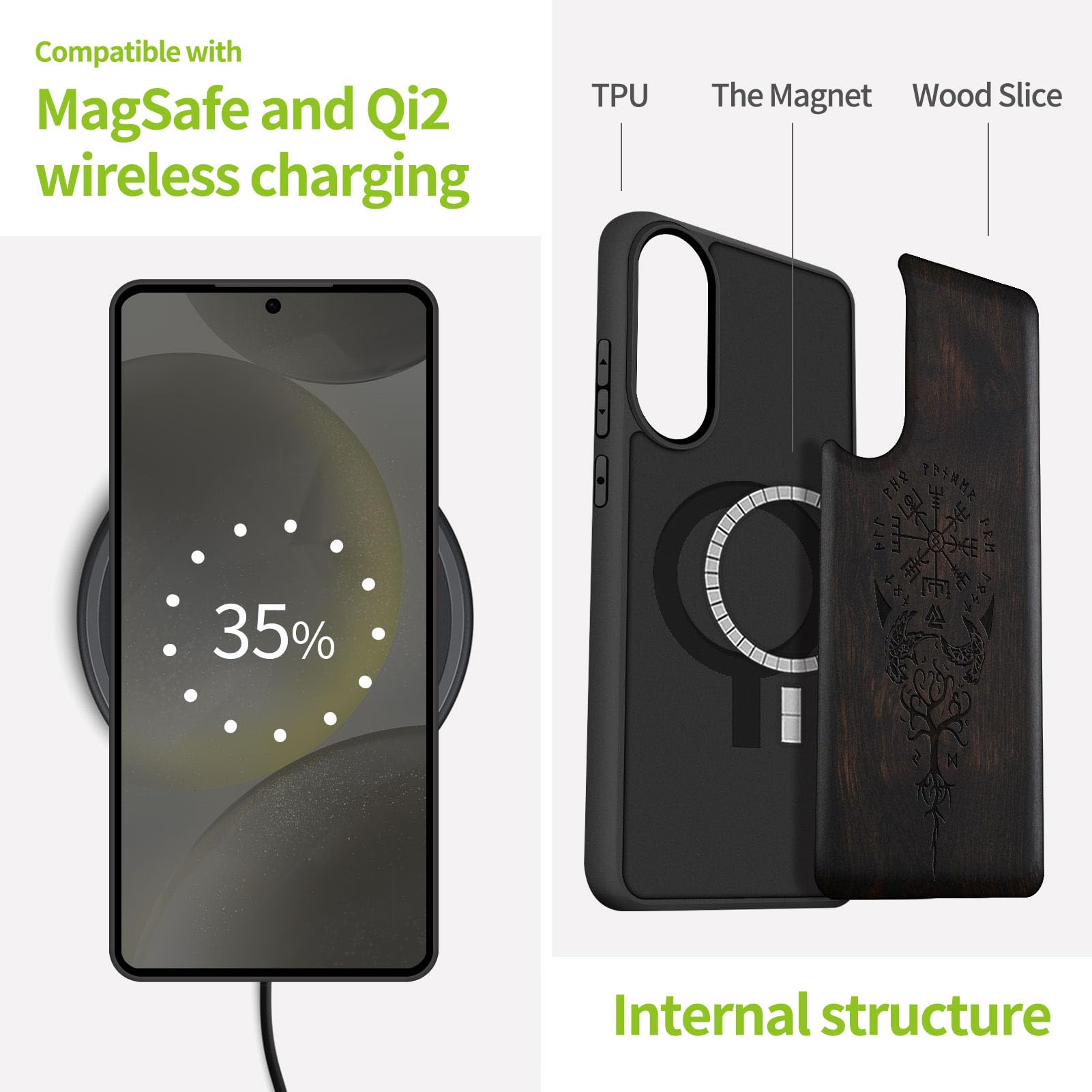 Carveit Holz Cover für Samsung S25 Edge hülle, Handyhülle kompatibel MagSafe Silikon Stoßfeste Case, Magnetisch Hull für Galaxy S25 Edge Handyhulle（Dunklesholz-Wikingerkompass Vegvisir） 5