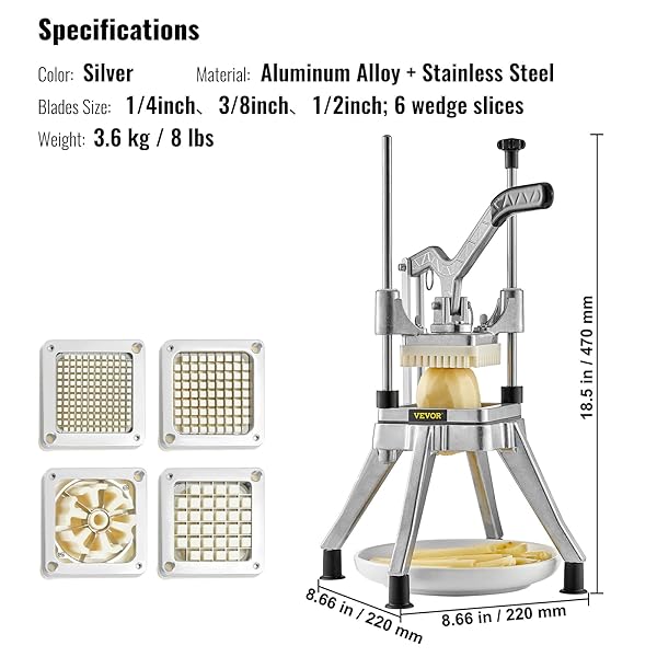 VEVOR COMMERCIAL VEGETABLE CHOPPER W/ 4 REPLACEMENT BLADES, STAINLESS STEEL FRENCH FRY CUTTER POTATO DICER & FRUIT SLICER FOR RESTAURANTS & HOME KITCHEN