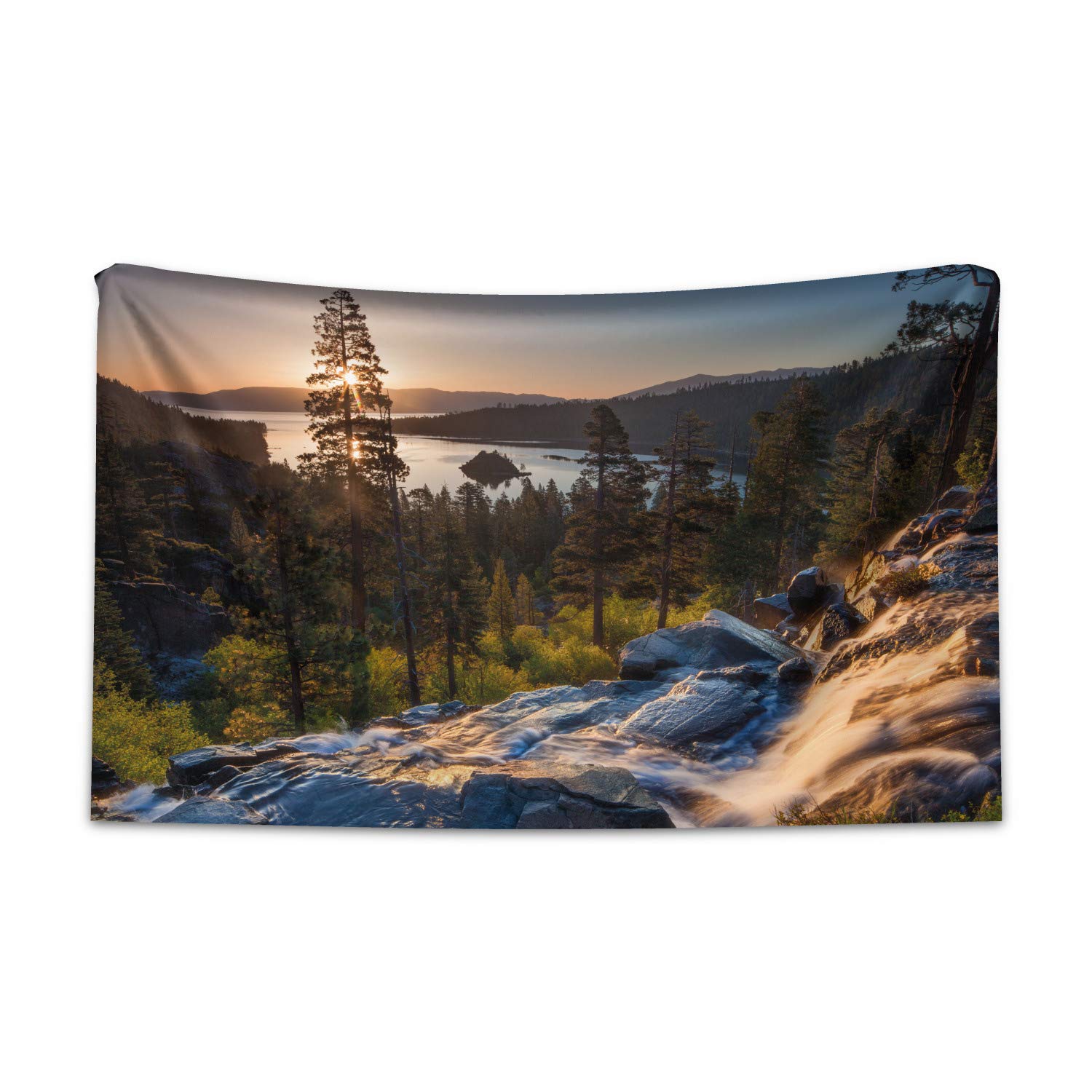 ABAKUHAUS Lake Tahoe Tapestry, Idyllic American Landscape Waterfall into the Forest Traveling Theme Romantic, Fabric Wall Hanging Decor for Bedroom Living Room Dorm, 90 W X 54 L, Brown Multicolor