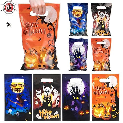 50pcs Halloween Party Bags for Kids, 4 Styles Trick or Treat Bag Children Goodie Bags Candy Treat Bag with Handle Plastic Small Gift Bag for Halloween Party Favor (2) A6-DDSTD