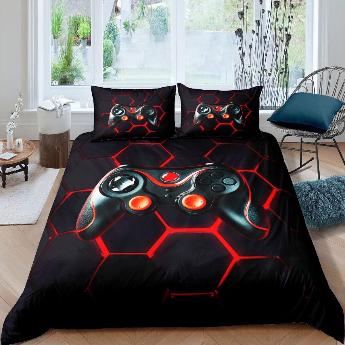 Homemissing Gamer Duvet Cover Set Boys Teens Video Game Gaming Bedding Set Geometric Honeycomb Hexagon Comforter Cover Console Game Controller Quilt Cover Room Decor 3Pcs Double Size,Black,Red — image 1