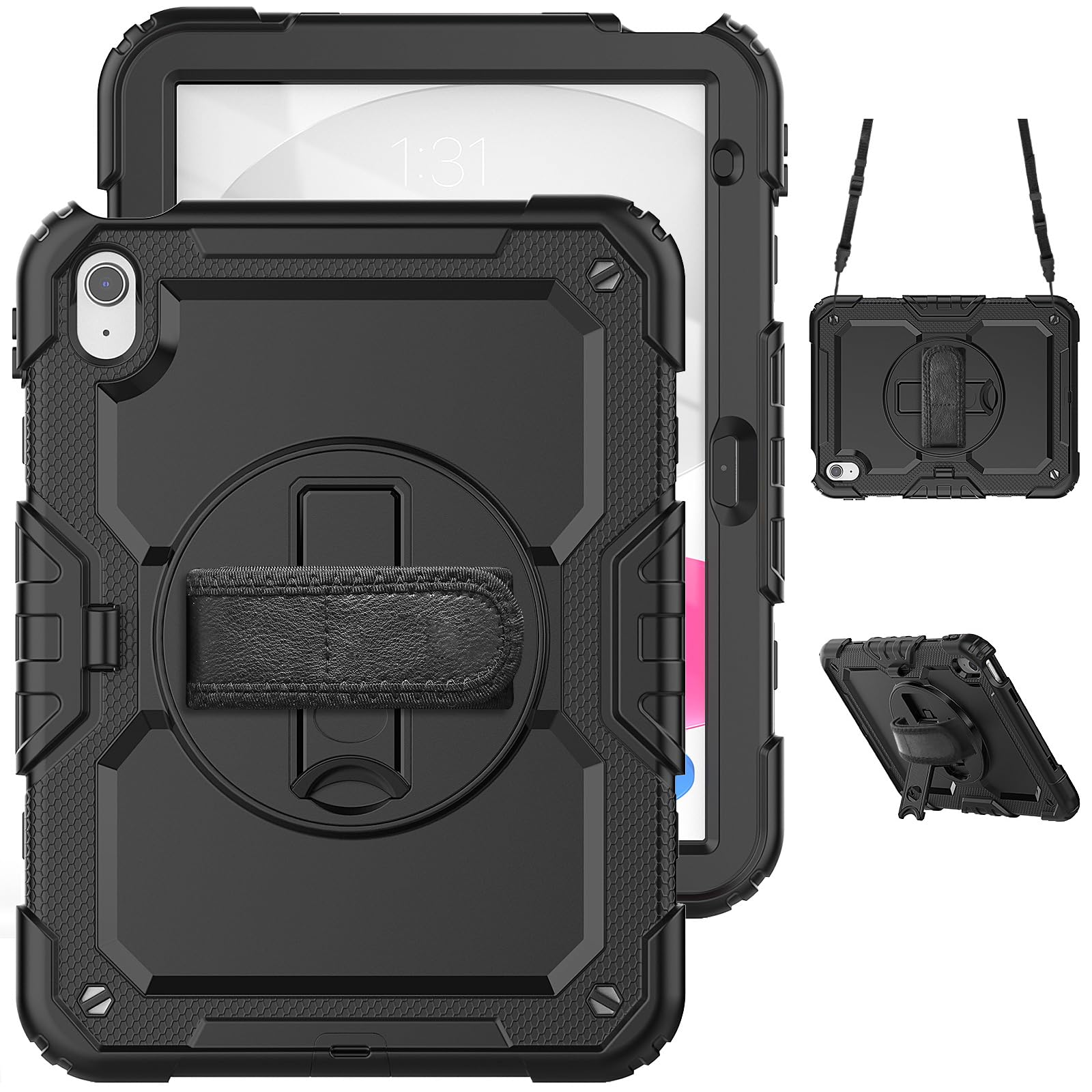 Leather Folio Case Cover For iPad 10th 10.9"（2022, A2696)/ 11th (A16) 2025 Hand & Nylon Shoulder Strap Black