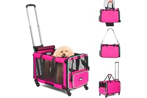 Paw Ballet Large Cat Carrier with Wheels, Foldable Rolling Cat Carrier for 2 Cats with Wheels for Cat Dog Under 30 lbs, Cat Carrier Travel Bag with Large Pocket for Outdoor, Pink