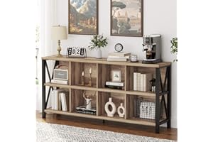FATORRI 8 Cube Storage Organizer Bookshelf, Rustic Wood Cubby Bookcase, Industrial Horizontal Long Shelf for Living Room (Rustic Oak, 62 Inch)