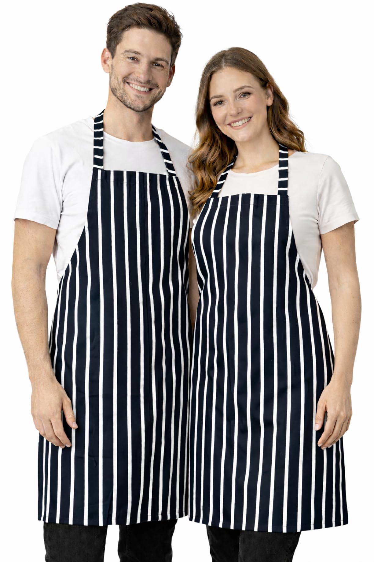 IBEX Polycotton Stripe Butcher Bib Apron - No Pocket, Professional Home Kitchen Apron for Restaurants, Bar Staff, Chefs, Waiters, Caterers, Baking, Navy/White