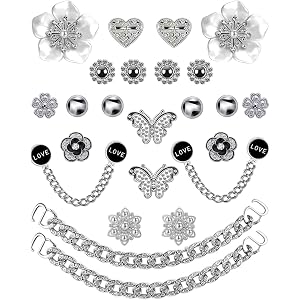 DAWZYYBF 24 Pcs Bling Rhinestone Pearl Shoe Charms Set, Silver Metal Flower Butterfly Heart Shoe Decorations with LOVE Chain