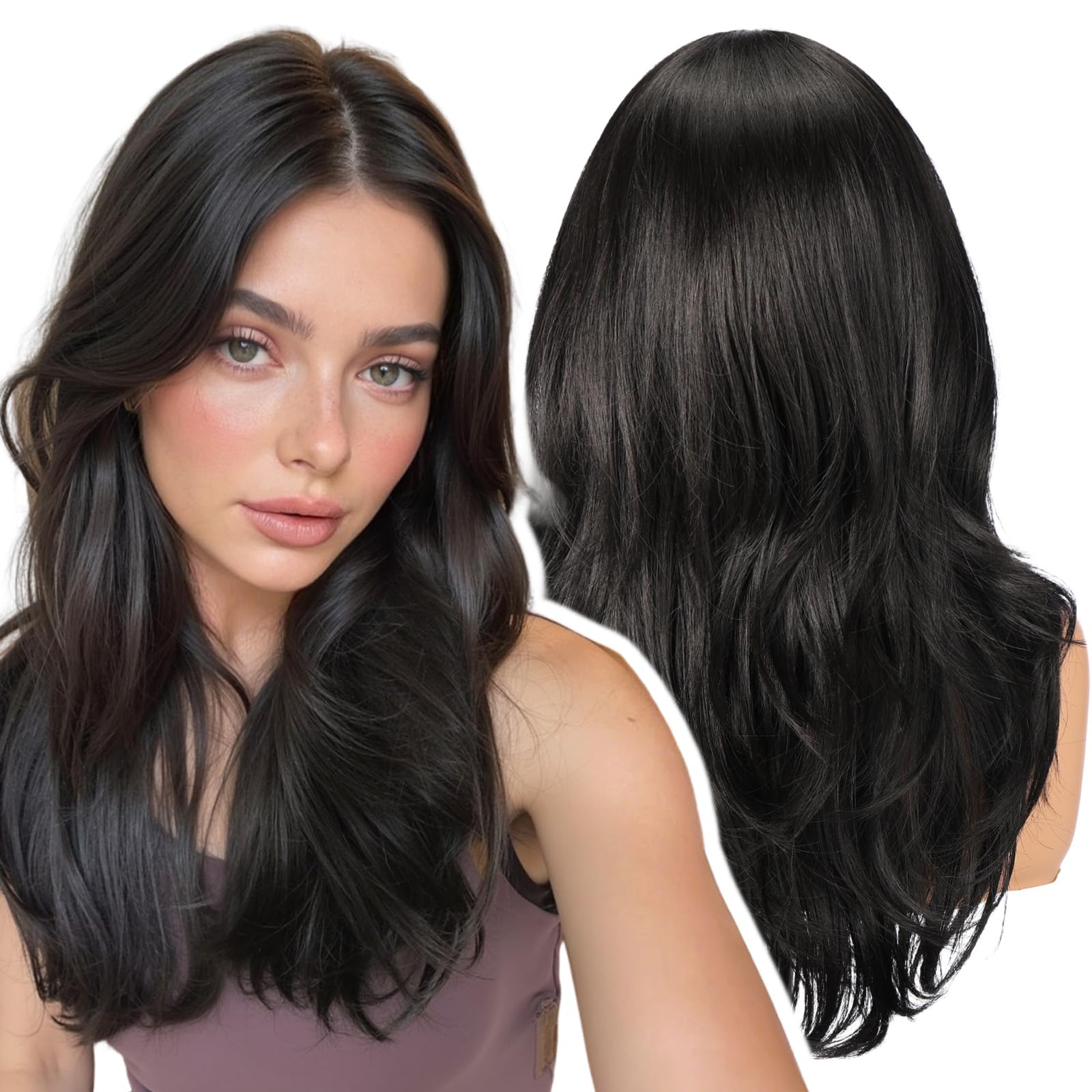 WOKESTAR Natural Long Wigs for Women with Fringe Synthetic Heat Resistant Hair Black Wig for Daily Party Cosplay Use