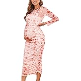 CYCLAMEN 2024 Maternity Mesh Dress Ruched Side Round Neck Pregnancy Dresses Baby Shower Wedding Guest Cocktail Party