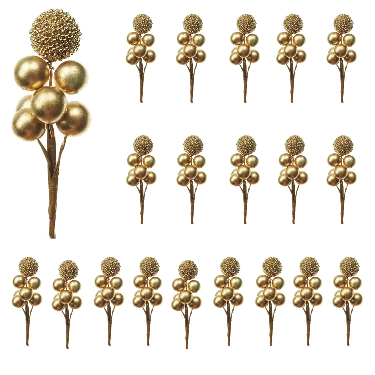 RXXR 20 pcs Gold Holly Berry Stems Artificial Berries Picks Christmas Berries Decor for DIY Garland, Gift Packaging and Holiday Wreath Ornaments