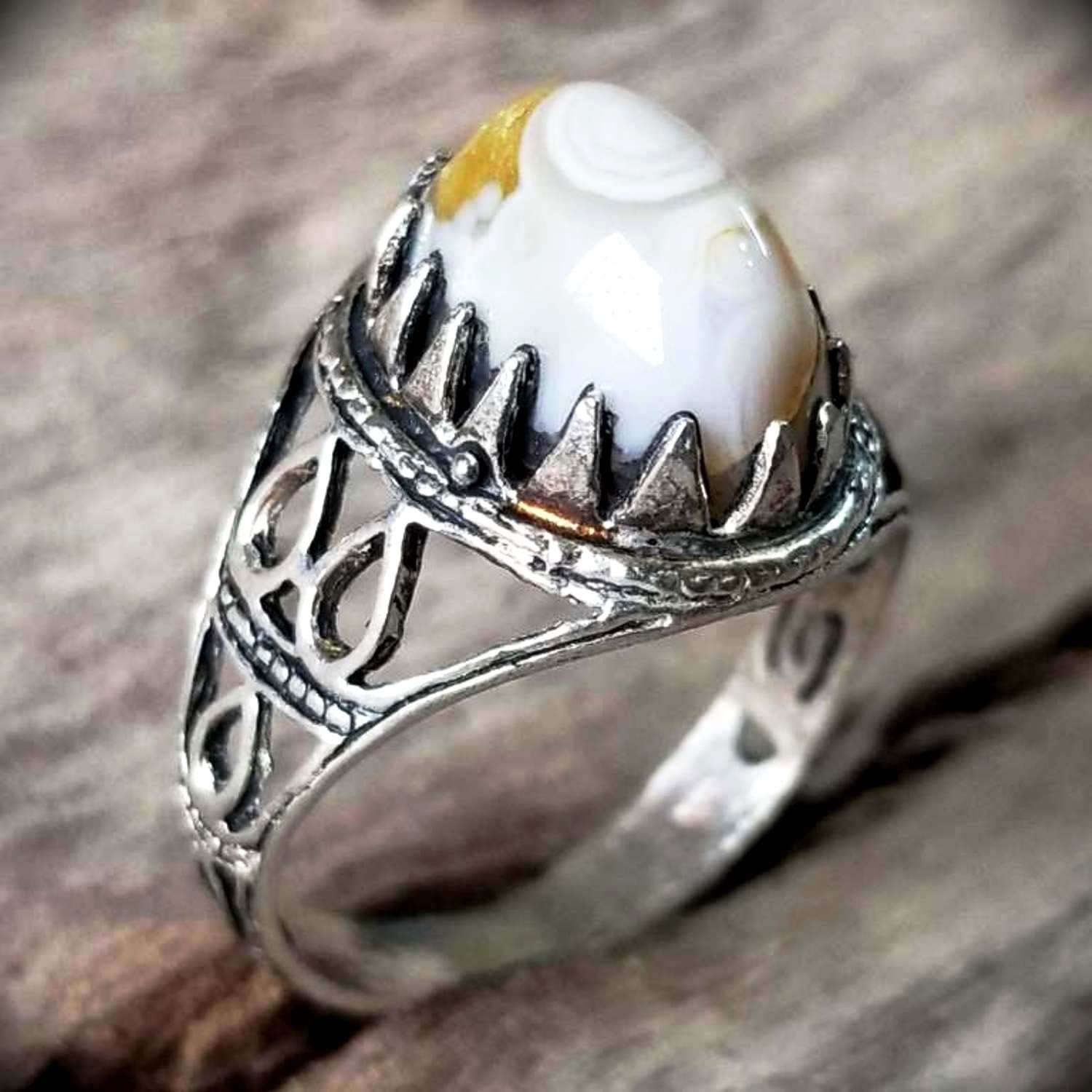 925 sterling silver ring genuine yemen eye agate akik stone natural semi precious white agate gemstone men ring sterling silver 925