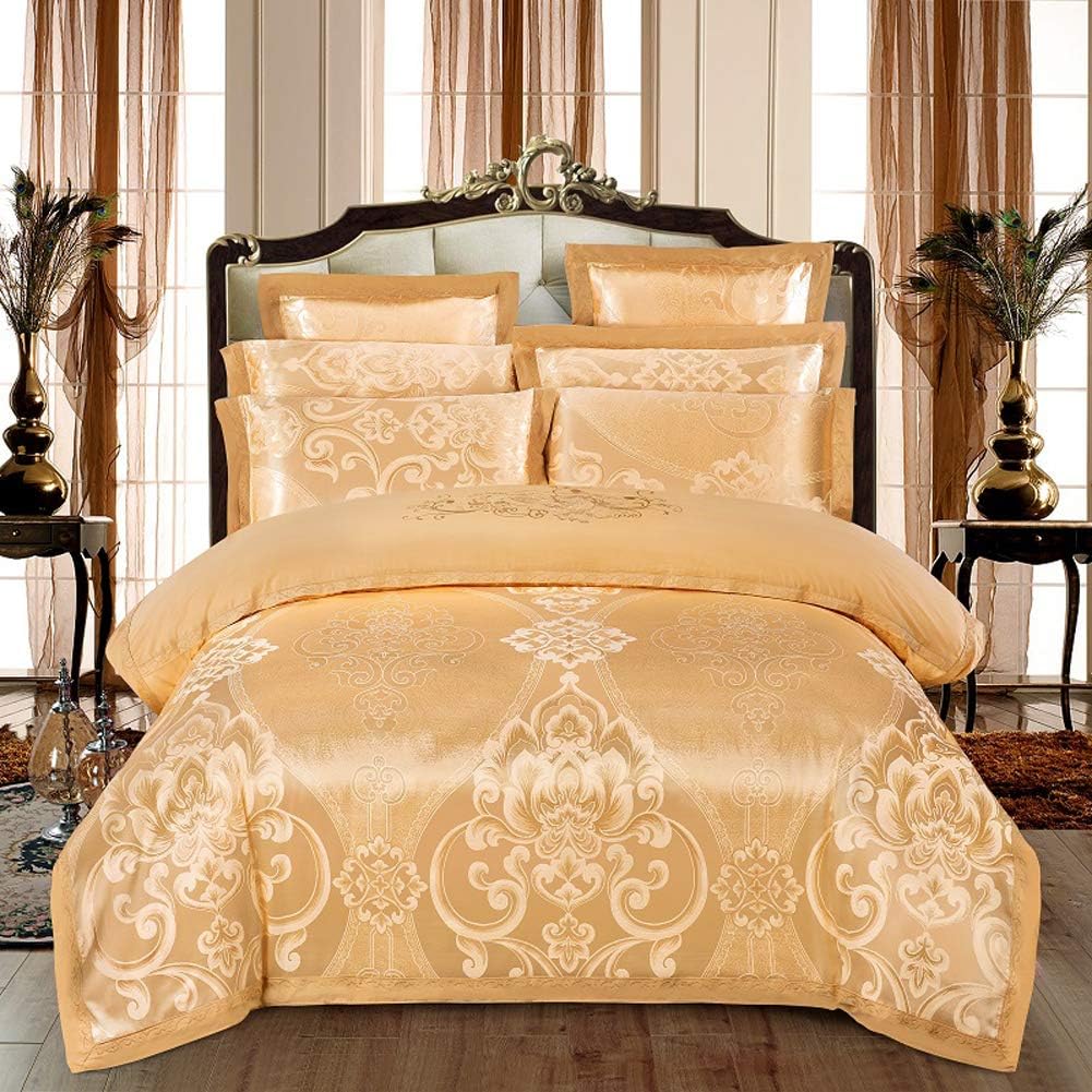 Zangge Bedding Luxury Satin Jacquard Embroidered Bedding Sets Include 1 Duvet Cover 1 Flat Sheet 4 Pillowcases KL-LJSY-J (6pcs King Size)