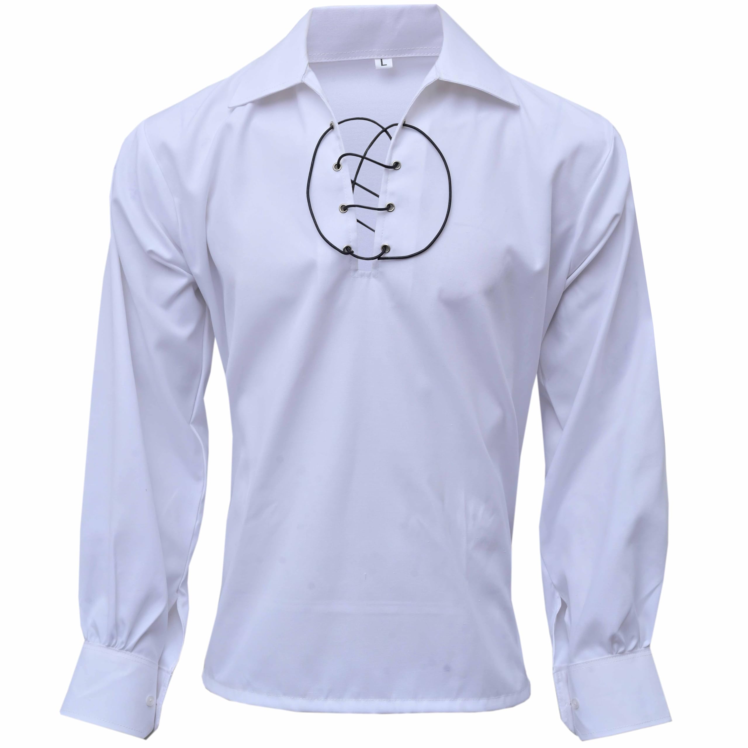 Men’s Jacobite Ghillie Kilt Shirt – Long Sleeve Scottish Highland Top with Lace-Up Neck – Medieval Renaissance Pirate Costume Shirt for Formal & Casual Wear (White, 3XL)