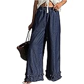 OYOANGLE Women's Wide Leg Jeans Elastic Waist Frill Trim Loose Denim Pants with Pockets