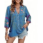 Mexican Shirts Peasant Blouses Cotton Embroidered 3/4 Sleeve Summer V Neck Tunic Bohemian Tops Boho Clothes for Women
