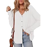 Dokotoo Women's Casual V Neck Waffle Knit Button Down Long Sleeve Shirts Loose Tops